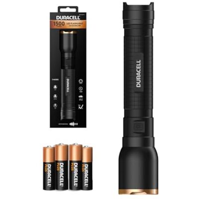 Duracell LED-ficklampa DF1500 Core – 1 500 lumen, fokuserbar, 180 m ljusbredd, 4 x AA-batterier inkl. olika ljuslägen, stänksäkert, robust hölje, omedelbart klar för användning Duracell LED-ficklampa DF1500 Core – 1 500 lumen, fokuserbar, 180 m ljusbredd, 4 x AA-batterier inkl. olika ljuslägen, stänksäkert, robust hölje, omedelbart klar för användning