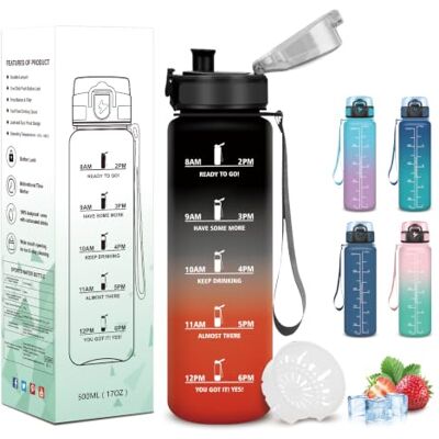 Mujigaga 500 ml vattenflaska, läckagesäker, motiverande flaska, lätt att bära, graderad vattenflaska med tidsmarkörer för vandring, kontor, skola Mujigaga 500 ml vattenflaska, läckagesäker, motiverande flaska, lätt att bära, graderad vattenflaska med tidsmarkörer för vandring, kontor, skola