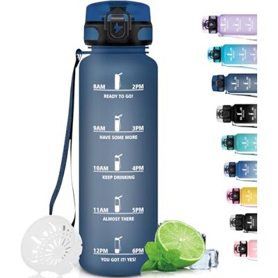 Grsta Vattenflaska 1 liter flaska med filter, läckagefri cykelflaska, vandringsflaska, lätt att bära, flaska med drickstider, för sport, gym, vandring, marinblå Grsta Vattenflaska 1 liter flaska med filter, läckagefri cykelflaska, vandringsflaska, lätt att bära, flaska med drickstider, för sport, gym, vandring, marinblå