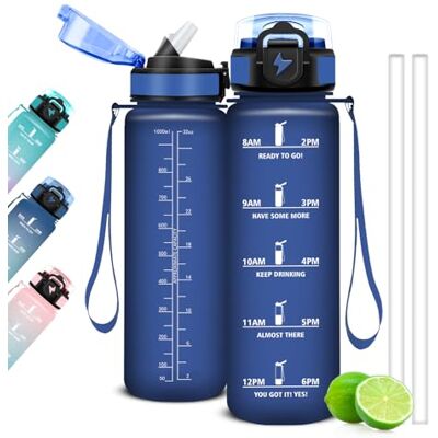 Mujigaga 1 liter vattenflaska, sportflaska med sugrör och tider för att dricka, 1L motiverande gymflaska, läckagesäkra flaskor för gym, skola, yoga Mujigaga 1 liter vattenflaska, sportflaska med sugrör och tider för att dricka, 1L motiverande gymflaska, läckagesäkra flaskor för gym, skola, yoga