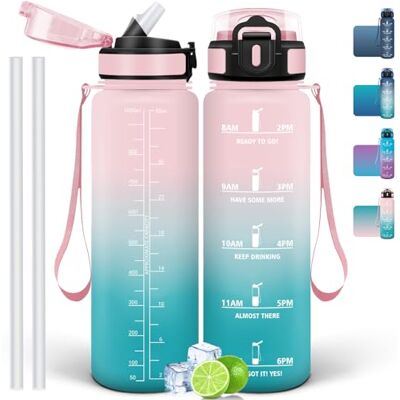 Mulbijeo 1 000 ml vattenflaska, BPA-fri vattenflaska för gymmet med tidsmarkör, motiverande sportflaska i plast, med sugrör Mulbijeo 1 000 ml vattenflaska, BPA-fri vattenflaska för gymmet med tidsmarkör, motiverande sportflaska i plast, med sugrör
