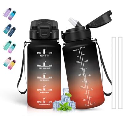 Grsta Vattenflaska för barn, 0,5 liter vattenflaska, vattenflaska med sugrör, läckagefri, motiverande vattenflaska med tidsskala, lätt att rengöra, flaskor för skola, camping, resor, svart-röd Grsta Vattenflaska för barn, 0,5 liter vattenflaska, vattenflaska med sugrör, läckagefri, motiverande vattenflaska med tidsskala, lätt att rengöra, flaskor för skola, camping, resor, svart-röd