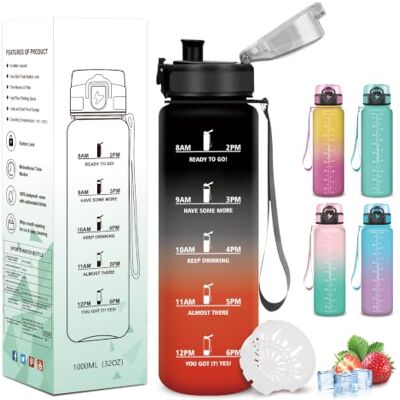 Mujigaga 1 liters vattenflaska, graderad vattenflaska, gymflaska med tidsmarkör, lätt att bära, läckagesäker flaska för sport, cykel, vandring Mujigaga 1 liters vattenflaska, graderad vattenflaska, gymflaska med tidsmarkör, lätt att bära, läckagesäker flaska för sport, cykel, vandring