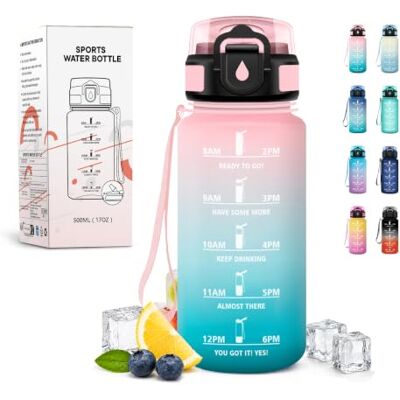 JAPORIA 500 ml vattenflaska, vattenflaska med sugrör, återanvändbar flaska med Marcador de Tiempo, läckagesäker, perfekt för vandring, löpning, pool JAPORIA 500 ml vattenflaska, vattenflaska med sugrör, återanvändbar flaska med Marcador de Tiempo, läckagesäker, perfekt för vandring, löpning, pool