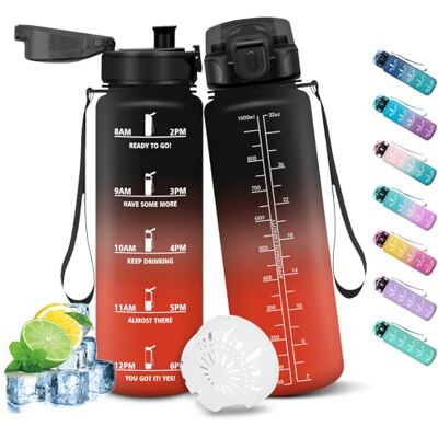HoneyHolly Vattenflaska 1 000 ml med tidsmarkörer, motiverande flaska, läckagesäker, sportflaska, gym, vattenflaska, vattenflaska, för skola, camping, yoga, kontor HoneyHolly Vattenflaska 1 000 ml med tidsmarkörer, motiverande flaska, läckagesäker, sportflaska, gym, vattenflaska, vattenflaska, för skola, camping, yoga, kontor