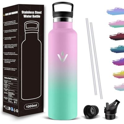 Mujigaga 1 liter Termisk Vattenflaska, Gym Vattenflaska med sugrör, droppsäker design och BPA-fri, isolerad vattenflaska, rostfritt stål, termisk flaska för camping, yoga, cykling, skola Mujigaga 1 liter Termisk Vattenflaska, Gym Vattenflaska med sugrör, droppsäker design och BPA-fri, isolerad vattenflaska, rostfritt stål, termisk flaska för camping, yoga, cykling, skola