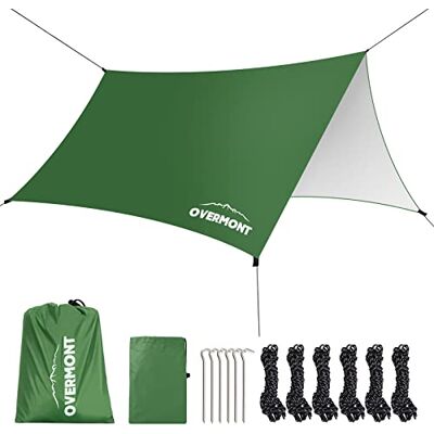OVERMONT Camping tältpresenning 3 m x 3 m presenning multifunktionell bärbar markis med 6 pinnar och 6 rep solskydd för hängmatta utomhus resor picknick grön OVERMONT Camping tältpresenning 3 m x 3 m presenning multifunktionell bärbar markis med 6 pinnar och 6 rep solskydd för hängmatta utomhus resor picknick grön