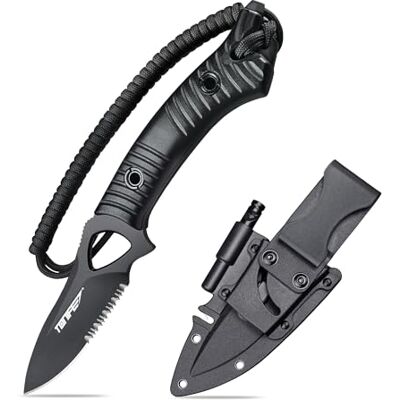 TONIFE Explorer Fast Bladkniv med Fodral 8Cr14MoV Blade Multifunktionell Överlevnadskniv, Förstärkt Glasfiber med Nylonhandtag för EDC Kniv (Titan Svart med Serret) TONIFE Explorer Fast Bladkniv med Fodral 8Cr14MoV Blade Multifunktionell Överlevnadskniv, Förstärkt Glasfiber med Nylonhandtag för EDC Kniv (Titan Svart med Serret)