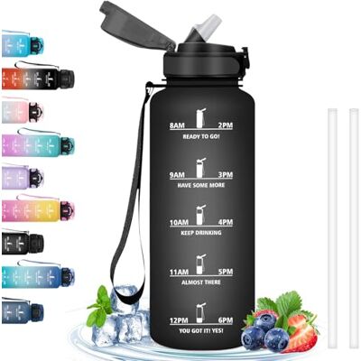 Grsta 1,5 liter vattenflaska, läckagefri, motiverande vattenflaska med tidsskala, flaska med sugrör, lätt att rengöra, för sport, vandring, cykling, fitness, löpning, svart Grsta 1,5 liter vattenflaska, läckagefri, motiverande vattenflaska med tidsskala, flaska med sugrör, lätt att rengöra, för sport, vandring, cykling, fitness, löpning, svart