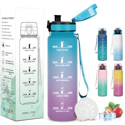 Mujigaga 500 ml flaska, läckagesäker, barnflaska, lätt att bära, motiverande flaska med tidsmarkör, för resor, skola, cykel Mujigaga 500 ml flaska, läckagesäker, barnflaska, lätt att bära, motiverande flaska med tidsmarkör, för resor, skola, cykel