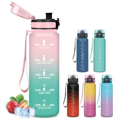 Mujigaga 1 liters flaska, graderad vattenflaska, lätt att bära, gymflaska med tidsmarkör, läckagesäker, motiverande flaska för cykling, arbete, löpning Mujigaga 1 liters flaska, graderad vattenflaska, lätt att bära, gymflaska med tidsmarkör, läckagesäker, motiverande flaska för cykling, arbete, löpning