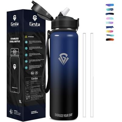 Grsta Termisk flaska, 1 liter vattenflaska, vattenflaska med sugrör, BPA-fri, vakuum med dubbelvägg, läckagesäker stål termisk vattenflaska, metallflaska för sport, camping, gym Grsta Termisk flaska, 1 liter vattenflaska, vattenflaska med sugrör, BPA-fri, vakuum med dubbelvägg, läckagesäker stål termisk vattenflaska, metallflaska för sport, camping, gym