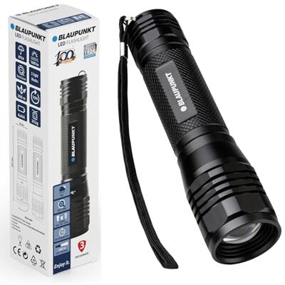 Blaupunkt ficklampa LED-ficklampa ljus hög 1 600 lumen, 3 lägen, justerbart fokus, IPX4 vattentålig, aluminiumlegering, 10 h drifttid, halkfritt grepp – gåva vandring utomhus camping nödsituation Blaupunkt ficklampa LED-ficklampa ljus hög 1 600 lumen, 3 lägen, justerbart fokus, IPX4 vattentålig, aluminiumlegering, 10 h drifttid, halkfritt grepp – gåva vandring utomhus camping nödsituation