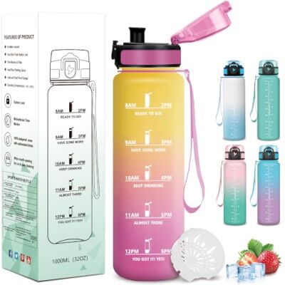 Mujigaga 1 liters flaska, gymflaska med tidsmarkör, motiverande vattenflaskor, lätt att bära, läckagesäker, graderad flaska för kontor, yoga, utomhus Mujigaga 1 liters flaska, gymflaska med tidsmarkör, motiverande vattenflaskor, lätt att bära, läckagesäker, graderad flaska för kontor, yoga, utomhus