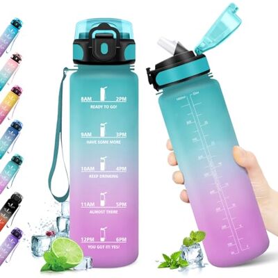 KollyKolla 1 liter vattenflaska, läckagesäker vattenflaska med sugrör, motiverande flaska, för vuxna, sport, skola, cykling, gym KollyKolla 1 liter vattenflaska, läckagesäker vattenflaska med sugrör, motiverande flaska, för vuxna, sport, skola, cykling, gym