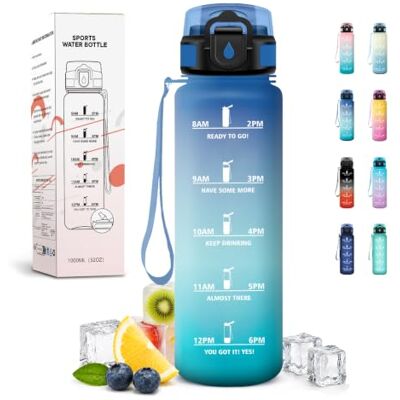 JAPORIA 1 l vattenflaska med sugrör, Marcador de Tiempo, återanvändbar flaska, läckagesäker, perfekt för skola, vuxna, kontor, yoga JAPORIA 1 l vattenflaska med sugrör, Marcador de Tiempo, återanvändbar flaska, läckagesäker, perfekt för skola, vuxna, kontor, yoga