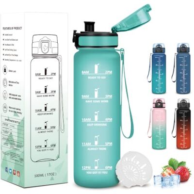 Mujigaga 500 ml flaska, barnflaska, lätt att bära, graderad flaska, med tidsmarkör, läckagesäker, motiverande vattenflaska för löpning, kontor, cykel Mujigaga 500 ml flaska, barnflaska, lätt att bära, graderad flaska, med tidsmarkör, läckagesäker, motiverande vattenflaska för löpning, kontor, cykel