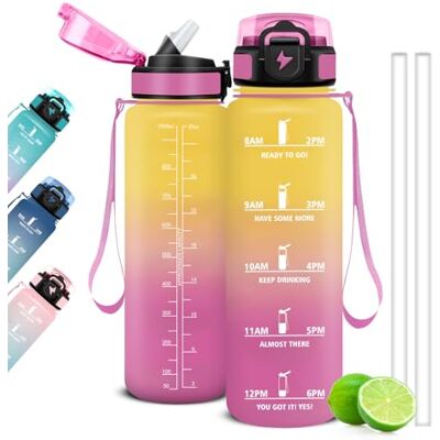 Mujigaga 1 liter vattenflaska, sportflaska med sugrör och tider för att dricka, motiverande gymflaska, läckagesäkra flaskor för gym, skola, yoga Mujigaga 1 liter vattenflaska, sportflaska med sugrör och tider för att dricka, motiverande gymflaska, läckagesäkra flaskor för gym, skola, yoga