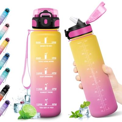 KollyKolla 1 liter vattenflaska med sugrör, läckagesäker, gymflaska, motiverande flaska, vattenflaska för vuxna, barn, sport, skola, cykling, gym KollyKolla 1 liter vattenflaska med sugrör, läckagesäker, gymflaska, motiverande flaska, vattenflaska för vuxna, barn, sport, skola, cykling, gym