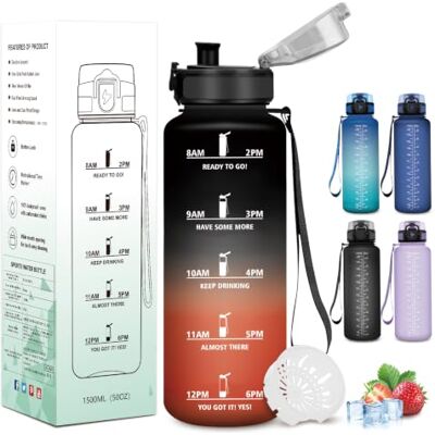 Mujigaga 1,5 liters flaska, läckagefri gymflaska, lätt att bära, vattenflaska, graderad flaska med tidsmarkör, för vandring, yoga, utomhus Mujigaga 1,5 liters flaska, läckagefri gymflaska, lätt att bära, vattenflaska, graderad flaska med tidsmarkör, för vandring, yoga, utomhus