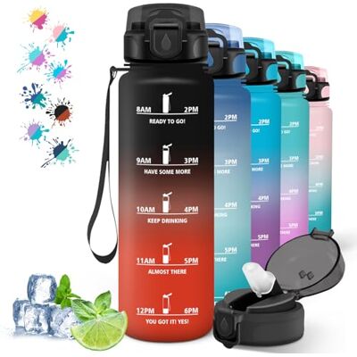 Grsta 1 liter vattenflaska med sugrör, motiverande vattenflaska med tidsskala, vattenflaska för att dricka, lätt att rengöra, flaskor för sport, vandring, yoga, svart-röd Grsta 1 liter vattenflaska med sugrör, motiverande vattenflaska med tidsskala, vattenflaska för att dricka, lätt att rengöra, flaskor för sport, vandring, yoga, svart-röd