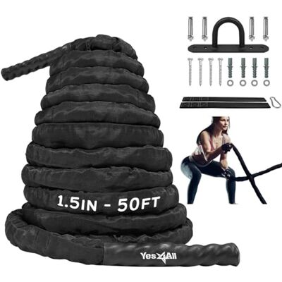 Yes4All Battle Motion träningsrep med skyddskåpa – stålankare och rem ingår svart, 50 mm – 15 m Yes4All Battle Motion träningsrep med skyddskåpa – stålankare och rem ingår svart, 50 mm – 15 m