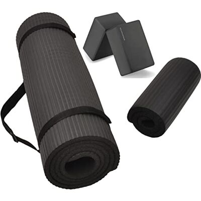 Fitvids universell yogamatta med hög täthet 1,3 cm tjock rivbeständig yogamatta och knädyna med slitrem och yogablock svart Fitvids universell yogamatta med hög täthet 1,3 cm tjock rivbeständig yogamatta och knädyna med slitrem och yogablock svart