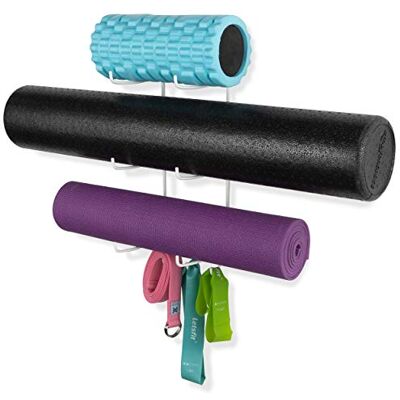 Wallniture Guru väggfäste yogamatta hem gym utrustning motståndsband och skumrullhållare med 3 krokar 3 metallsnitt vit Wallniture Guru väggfäste yogamatta hem gym utrustning motståndsband och skumrullhållare med 3 krokar 3 metallsnitt vit