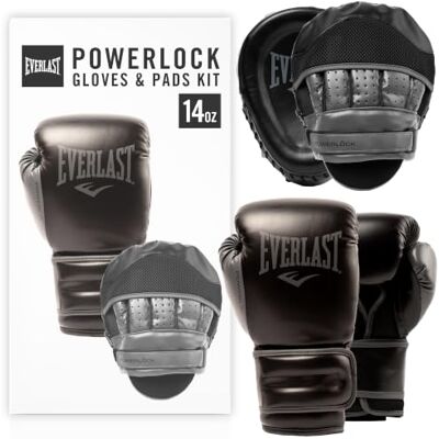 Everlast Powerlock 14 oz boxningshandskar och dynor, svarta boxningshandskar för väskor, handske arbete och sparring, säkra, andningsbara och hållbara boxningsdynor och handskar autentisk Everlast Powerlock 14 oz boxningshandskar och dynor, svarta boxningshandskar för väskor, handske arbete och sparring, säkra, andningsbara och hållbara boxningsdynor och handskar autentisk