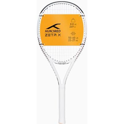 HUNDRED Zeta X Strung Tennis Racket with Full Cover 9 Points Head Heavy Color: White, Grip Size 2 (4 1/4 inches) Unisex Material: Graphite 249 grams HUNDRED Zeta X Strung Tennis Racket with Full Cover 9 Points Head Heavy Color: White, Grip Size 2 (4 1/4 inches) Unisex Material: Graphite 249 grams