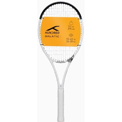 HUNDRED Galactic Strung Tennis Racket with Full Cover 4 Points Head Light Color: White/Black, Grip Size 2 (4 1/4 inches) Unisex Material: Graphite 275 grams HUNDRED Galactic Strung Tennis Racket with Full Cover 4 Points Head Light Color: White/Black, Grip Size 2 (4 1/4 inches) Unisex Material: Graphite 275 grams