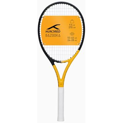 HUNDRED Bazooka Strung Tennis Racket with Full Cover 1 Point Head Heavy Color: Black/Yellow, Grip Size 2 (4 1/4 inches) Unisex Material: Graphite 270 grams HUNDRED Bazooka Strung Tennis Racket with Full Cover 1 Point Head Heavy Color: Black/Yellow, Grip Size 2 (4 1/4 inches) Unisex Material: Graphite 270 grams