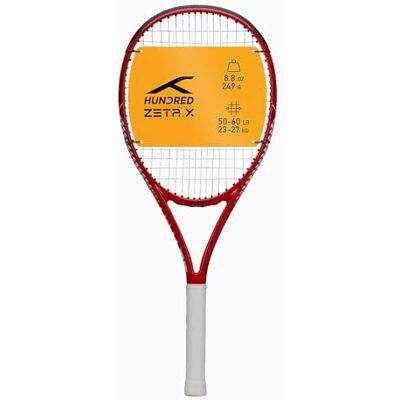 HUNDRED Zeta X Strung Tennis Racket with Full Cover 9 Points Head Heavy Color: Warm Red, Grip Size 2 (4 1/4 inches) Unisex Material: Graphite 249 grams HUNDRED Zeta X Strung Tennis Racket with Full Cover 9 Points Head Heavy Color: Warm Red, Grip Size 2 (4 1/4 inches) Unisex Material: Graphite 249 grams