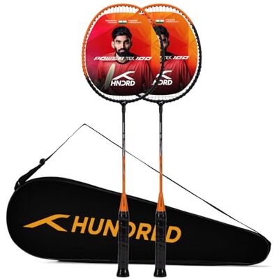 HUNDRED POWERTEK 100 (set med 2) badmintonracket med fullt skydd (svart/orange) Material: Aluminium Maximal spänning: 7,3-8,2 kg för mellanspelare HUNDRED POWERTEK 100 (set med 2) badmintonracket med fullt skydd (svart/orange) Material: Aluminium Maximal spänning: 7,3-8,2 kg för mellanspelare