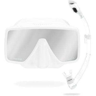 CRESSI since 1946 SF1 & Dry Combo Set Square Frameless Mask with Tempered Lens + Dry Snorkel ideal for Freediving and Snorkelling-White/White_Spectra Mirrored Lenses Silver-One Size Unisex CRESSI since 1946 SF1 & Dry Combo Set Square Frameless Mask with Tempered Lens + Dry Snorkel ideal for Freediving and Snorkelling-White/White_Spectra Mirrored Lenses Silver-One Size Unisex