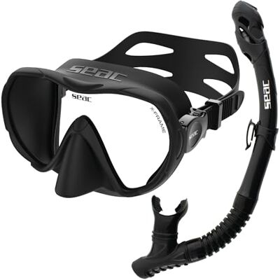 SEAC X-Frame Dry Bis Set – Vuxen Snorkling Set med Monolent Ramlös Mask i Härdat Glas och Snorkel Dry Top Silikon, Avluftningsventil och Ergonomiskt munstycke för dykning och snorkling SEAC X-Frame Dry Bis Set – Vuxen Snorkling Set med Monolent Ramlös Mask i Härdat Glas och Snorkel Dry Top Silikon, Avluftningsventil och Ergonomiskt munstycke för dykning och snorkling