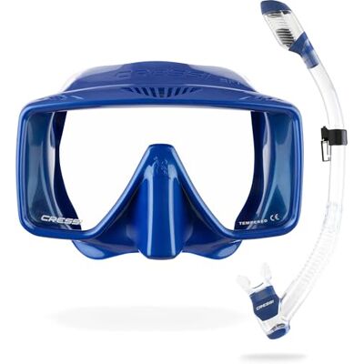 CRESSI since 1946 SF1 & Dry Combo Frameless Square Mask Set with Tempered Lens + Dry Snorkel ideal for Freediving and Snorkelling, Blue Metal/Blue Metal, One Size Unisex CRESSI since 1946 SF1 & Dry Combo Frameless Square Mask Set with Tempered Lens + Dry Snorkel ideal for Freediving and Snorkelling, Blue Metal/Blue Metal, One Size Unisex