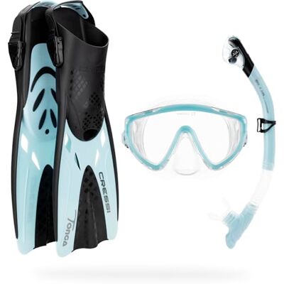Cressi Tino Adventure Set Black/Ice Cyan L/XL Set Tonga Fins, Tino Mask and Scilla Snorkel, for Snorkelling and Diving, Black/Ice Cyan, L/XL, Adult Cressi Tino Adventure Set Black/Ice Cyan L/XL Set Tonga Fins, Tino Mask and Scilla Snorkel, for Snorkelling and Diving, Black/Ice Cyan, L/XL, Adult