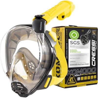 CRESSI since 1946 Komodo Full Face Dry Snorkelling Mask 180° Vision CO2 Safe 100% Anti Fog Silicone Side Snorkel Adjustable Elastic Straps Black/Yellow S/M CRESSI since 1946 Komodo Full Face Dry Snorkelling Mask 180° Vision CO2 Safe 100% Anti Fog Silicone Side Snorkel Adjustable Elastic Straps Black/Yellow S/M