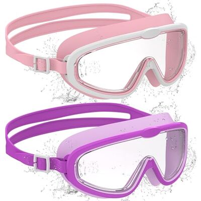 Ambienden 2 st barn simglasögon, anti-dimma med klar syn, UV-skydd, silikontätning, stor ram unisex simglasögon för barn 6–14 år, rosa lila Ambienden 2 st barn simglasögon, anti-dimma med klar syn, UV-skydd, silikontätning, stor ram unisex simglasögon för barn 6–14 år, rosa lila