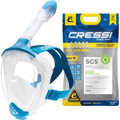 CRESSI Java Junior Full Face Mask Clear/Blue XS Snorkelmask för juniorer, heltäckande, ultraklar antidimlins, 100% silikon, snorkeltorka med säkerhetsventiler,Transparent/Blå, CRESSI Java Junior Full Face Mask Clear/Blue XS Snorkelmask för juniorer, heltäckande, ultraklar antidimlins, 100% silikon, snorkeltorka med säkerhetsventiler,Transparent/Blå,