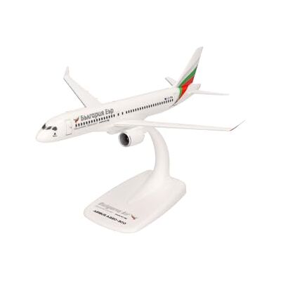 Herpa Snap-Fit flygplansmodell Bulgaria Air Airbus A220-300, miniatyr i skala 1:200, samlarobjekt, modell med ställ, plast Herpa Snap-Fit flygplansmodell Bulgaria Air Airbus A220-300, miniatyr i skala 1:200, samlarobjekt, modell med ställ, plast