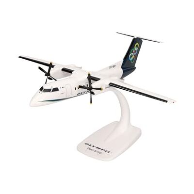 Herpa Snap-Fit flygplansmodell Olympic Air DHC-8-100, miniatyr i skala 1:100, samlarobjekt, modell med ställ, plast Herpa Snap-Fit flygplansmodell Olympic Air DHC-8-100, miniatyr i skala 1:100, samlarobjekt, modell med ställ, plast