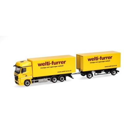 Herpa Lastbilsmodell Mercedes-Benz Actros Bigspace växelflakssläp "Welti-Furrer", miniatyr i skala 1:87, samlarobjekt, Made in Germany, plast Herpa Lastbilsmodell Mercedes-Benz Actros Bigspace växelflakssläp "Welti-Furrer", miniatyr i skala 1:87, samlarobjekt, Made in Germany, plast
