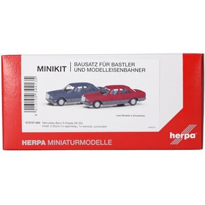 Herpa modellbyggsats MiniKit Mercedes-Benz S-Klass (W126), 2 stycken, miniatyr i skala 1:87, samlarobjekt, byggsats för modellbygge, plast, färg: safirblå & vinröd Herpa modellbyggsats MiniKit Mercedes-Benz S-Klass (W126), 2 stycken, miniatyr i skala 1:87, samlarobjekt, byggsats för modellbygge, plast, färg: safirblå & vinröd