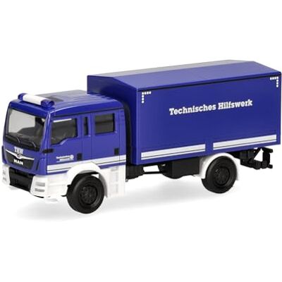 Herpa Lastbilsmodell MAN TGM MzKW "THW", miniatyr i skala 1:87, samlarobjekt, Made in Germany, plast Herpa Lastbilsmodell MAN TGM MzKW "THW", miniatyr i skala 1:87, samlarobjekt, Made in Germany, plast