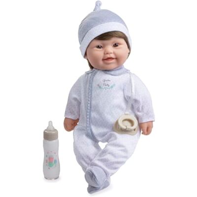 JC Toys Down The Baby syndrom docka 40 cm, mjuk och tvättbar kropp, brunt hår, magisk flaska och napp, grå och vit, designad i Spanien, +12 månader JC Toys Down The Baby syndrom docka 40 cm, mjuk och tvättbar kropp, brunt hår, magisk flaska och napp, grå och vit, designad i Spanien, +12 månader
