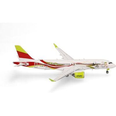 Herpa flygplansmodell airBaltic Airbus A220-300 ”50th A220”, miniatyr i skala 1:400, samlarobjekt, flygplansmodell med ställ, metall Herpa flygplansmodell airBaltic Airbus A220-300 ”50th A220”, miniatyr i skala 1:400, samlarobjekt, flygplansmodell med ställ, metall