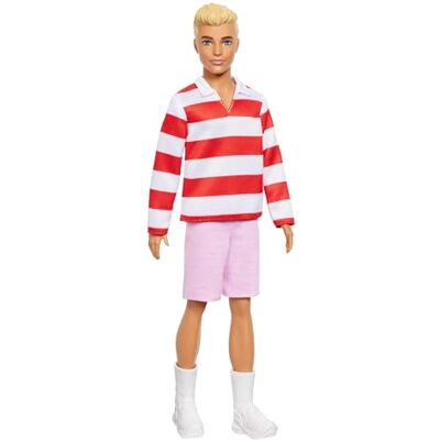 Barbie Fashionistas Ken-docka nr 241 med blont hår, klädd i röd- och vitrandig tröja med rosa short, vita strumpor och sneakers, HYV01 Barbie Fashionistas Ken-docka nr 241 med blont hår, klädd i röd- och vitrandig tröja med rosa short, vita strumpor och sneakers, HYV01
