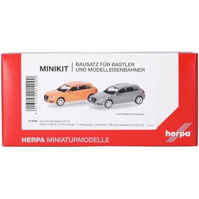 Herpa modellbyggsats MiniKit Audi A3 Sportback (2012) i eldfast orange och Nardogrå, 2 stycken, miniatyr i skala 1:87, samlarobjekt, byggsats för modellbygge, plast Herpa modellbyggsats MiniKit Audi A3 Sportback (2012) i eldfast orange och Nardogrå, 2 stycken, miniatyr i skala 1:87, samlarobjekt, byggsats för modellbygge, plast